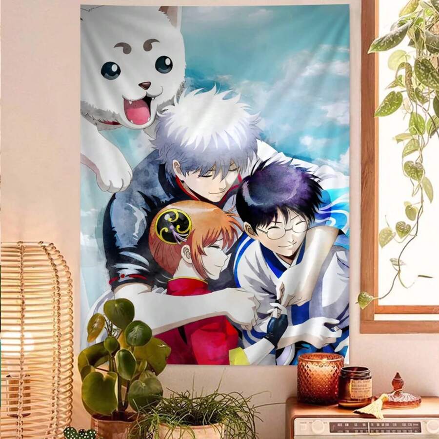 Gintama Yorozuya Crew Watercolor Tapestry - Gintoki, Kagura, Shinpachi & Sadaharu, Stylish Room Decor For Comedy Anime Fans - A25619-GT - 查看 1
