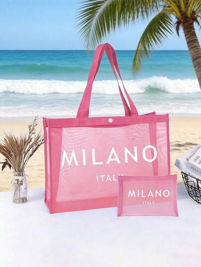 大容量メッシュショルダーバッグ、便利なコスメポーチ付き、ナイロンメッシュトートバッグ"Milan"ロゴ装飾。ビーチバケーション用の大容量トートバッグ、メッシュビーチバッグ、ポータブル透明メッシュコスメバッグ&収納バッグ。ショッピング、デイリーユース、デート、誕生日に最適な男女兼用