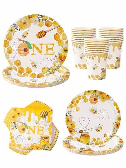 Bee Theme Baby One Birthday Party Disposable Tableware Set, Including 8pcs 7inch&9inch Paper Plates, 8pcs Paper Cups, 16pcs Napkins, Honey Bee Paper Cutlery Suitable For Spring Holiday Baby Party Supplies, Bee Theme Newborn Baby 1st Birthday Baby Shower Party Decorations Paper Food Trays, Party Favor, Bee Party Decoration, Gender Reveal Decoration
