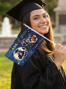 Personalized Custom Class Of 2026 Graduation Handheld Flag With Custom Photos, Text & Year, Navy Blue Gold Geometric & Cap Design, Graduation Season Gift For Graduates, Ideal For Graduation Ceremonies, Photo Shoots And Parade Displays - Blue - View 7