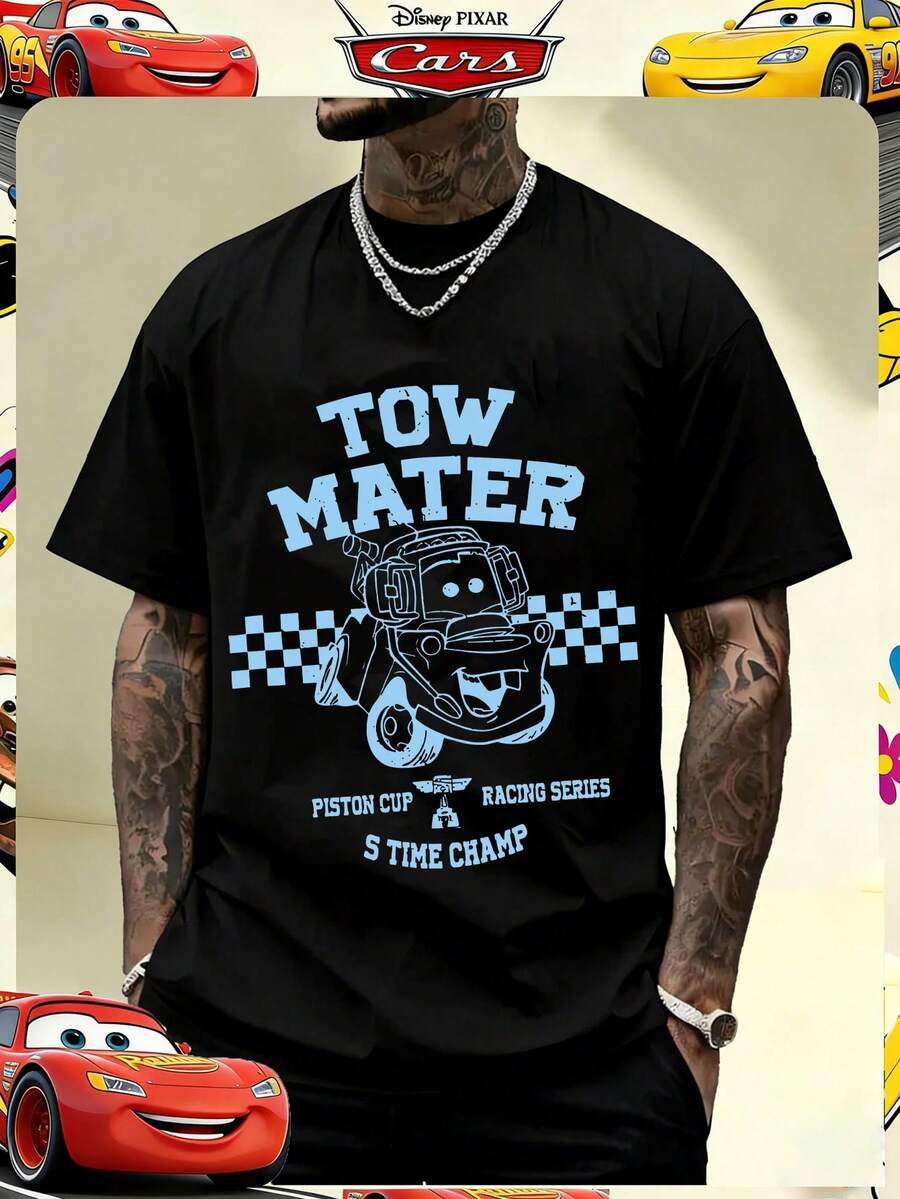 Disney Official Licensed Cars Tow Mater 5 Time Piston Cup Champ Print 220g Cotton Crew Neck Unisex Tee - 黑色 - 查看 1