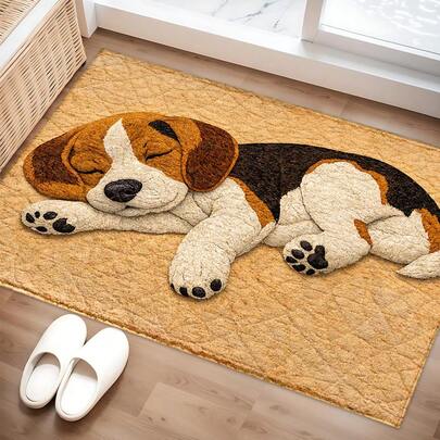 1pc Sleeping Pet Dog Pattern Printed Rug, Faux Wool Mat - Highly Absorbent, Easy To Clean, Suitable For Home Decor, Farmhouse, Entryway, Indoor, Room, Kitchen, Dining Room, Small Office/Home Office, Sink, Laundry Room, Doormat, Kitchen Mat, Anti-Slip Mat