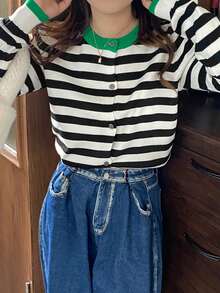 Contrast Stripe Button-Front Long Sleeve Cardigan For Women, Casual Wear, Spring & Autumn - Black and White - View 2