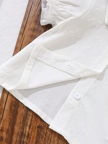 女童玫瑰提花领单排扣荷叶边下摆短袖优雅衬衫 - 白色 - 查看 6