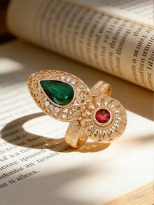 1pc Vintage Style Gold-Plated Red & Green Zirconia Gourd Shaped Ring For Women, Auspicious Meaning, Fashionable & Versatile Daily Or Holiday Wear - 02 - View 4
