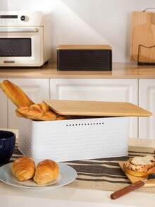 Caja de almacenamiento rectangular grande de metal con tapa de bambú, textura en relieve, contenedor de aperitivos de escritorio - Ver 12