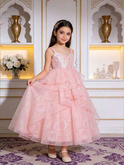 Pink Sequin Camisole Dress For Young Girls, Princess Dress Suitable For Parties And Performances