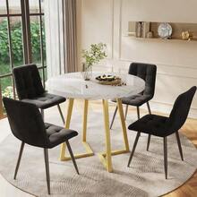 Dining Room Set (5 Pieces), Modern Table And Chair Set, Round Kitchen Table 80 Cm In Diameter With Gold Metal Legs, White MDF Top And Black Velvet Chairs. - Black - View 1