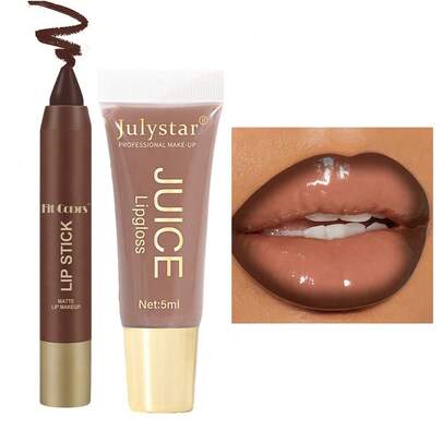 1pc Matte Chocolate Lipstick & 1pc Brown Lip Gloss Combo, Moisturizing Lip Makeup, Versatile For Daily, Work, Travel, Party, Spring Outing