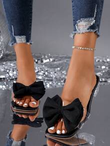 Summer New Soft Leather Square Toe Sandals, Chunky Heel Sandals, Versatile Stilettos One-Toe Slide Sandals, Women Black High Heel Net Sandals - Black - View 4