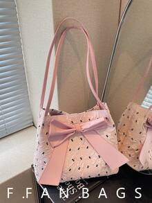 Tas Bahu Wanita Ringan Modis Kapasitas Besar dari Kulit PU Warna Polos dengan Hiasan Pita, Tas Tangan Wanita Elegan, Tas Warna Pink - Berwarna merah muda - View 6