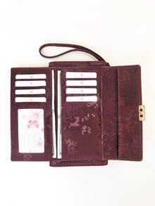 MINGYOU 时尚柔软材质高端刺绣便携休闲黑色手机钱包女士拉链手机钱包适合购物旅行必备女士钱包长款钱包腕包可爱复古钱包 - 酒紅色 - 查看 4