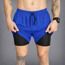 Kit Of 3 Short 2-In-1 Dry Fit Lined Men's Gym Shorts For Running And Training With Elastane - Negro/Azul Real/Beige - Ver 5