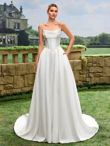 Elegant, Noble And Cute White Satin Faux Pearl Decor Style A-Line White Wedding Dress Bridal Gown With Train Spring - White - View 10