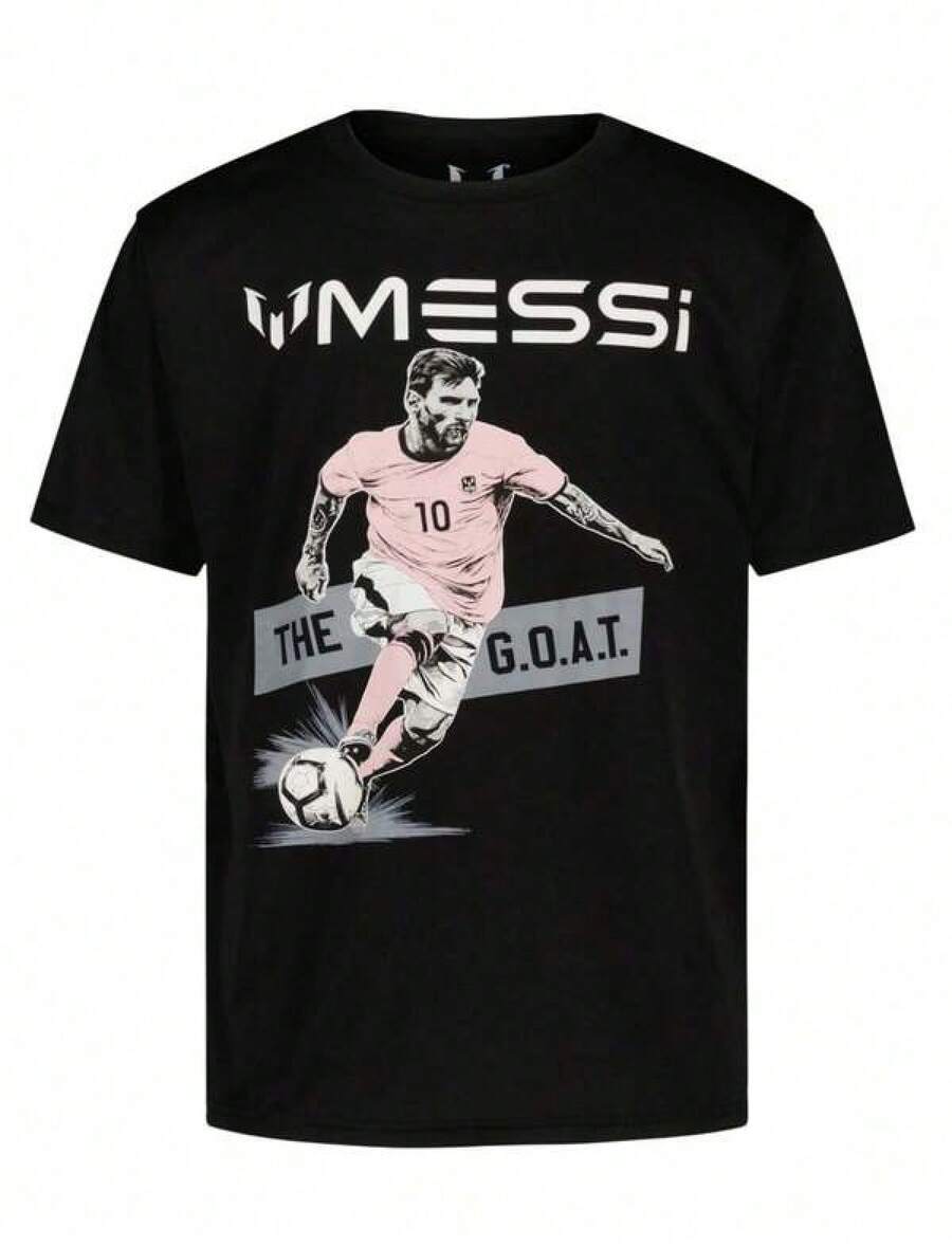 Messis Kicking Soccer Ball GOAT Boys Black T-Shirt -  Fashion Boys Sizes,Same Style For Men And Women,Mens Clothes,Graphic Tees Men,Graphic Tees Women,Cool Tee,Men,Ropa De Hombre,Funny Shirts,Summer Tops,Summer ,Vacation Outfits,Summer Tops CQ3V - 黑色 - 查看 1