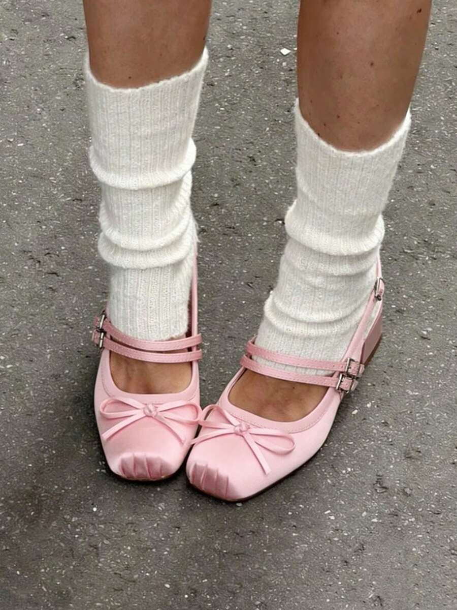 Women's Ballet Heels Elegant Square Toe Bow Satin Mary Janes Ballerina Chunky Heel Party Buckle Strap Sweet Cute Wedding Shoes For Women Valentine's Day Gift - Hồng - Xem 1