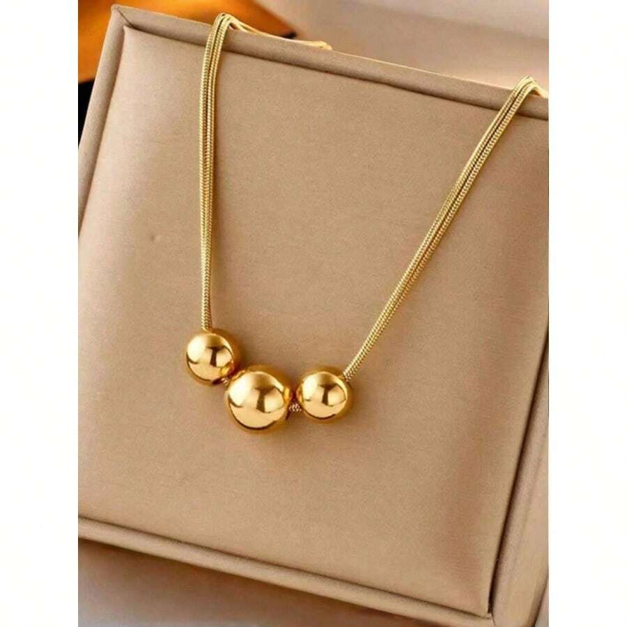 1pc Gold Stainless Steel Ball Pendant Necklace, Paired With Vintage Multi-Layer Beaded Necklace, Personalized Hip-Hop Style Choker, Elegant Necklace - Vòng cổ - Xem 1