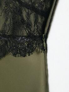 Vestido de satén con encaje asimétrico y estilo sexy, de moda para mujer en verano, con estilo elegante europeo y americano - Verde Oliva - Ver 7