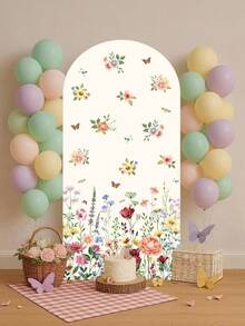 1pc Spring Floral Polyester Fiber Backdrop Cloth Set (Excluding Stand), Arch-Shaped Fabric Set With Butterfly & Wild Flower Pattern, Can Be Combined With Balloons For Decoration, Backdrop, Birthday Decor, Baby Shower, Anniversary, Gardening, Tea Party, Spring Party Decor - Flowers - View 4