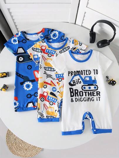 3-delige set babyjongens zomerse romper met korte mouwen en cartoonvrachtwagen- en letterprint