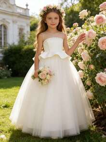 XUMPLO Tween Girls' Elegant Shoulder Invisible Mesh Rhinestone Satin & Mesh Hem Long Dress, Suitable For Party, Birthday, Banquet, Prom, Wedding, Spring/Summer - White - View 3