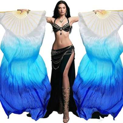 2 Women's Belly Dance Fans, Handmade Imitation Silk Fans, Colorful Long Ribbon Veil Fans, Professional Bamboo Folding Fans, For Dance Performances, Suitable For Dance Beginners And Dance Accessories