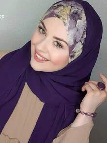 Printed Patchwork Headscarf, Soft & Drapey Turban Style Headwrap, Breathable Daily Wear - Purple - View 4