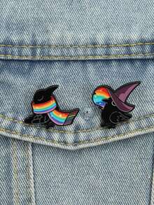 2pcs Rainbow Crow Enamel Pin Set, Including A Black Crow Wrapped In Rainbow Gradient Glitter Scarf And A Black Crow Wearing A Purple Wizard Hat Spitting Rainbow, Suitable For LGBTQ+ Community Members, Dark Aesthetics Enthusiasts, Rainbow Culture Fans, And Self-Expression Advocates - Multicolor - View 4