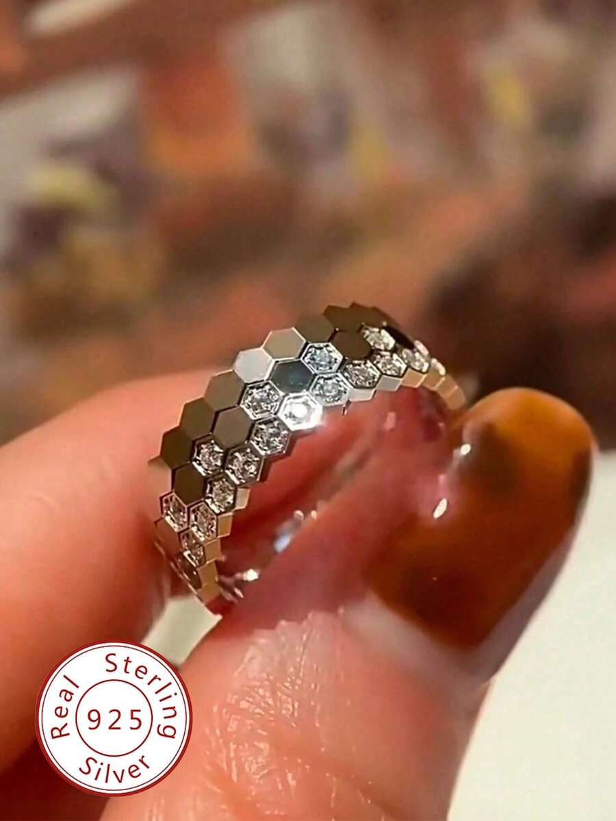 3枚925纯银极简蜂巢设计戒指，优雅珠宝礼品，适合女性、生日或派对佩戴。 - 套戒 - 查看 1