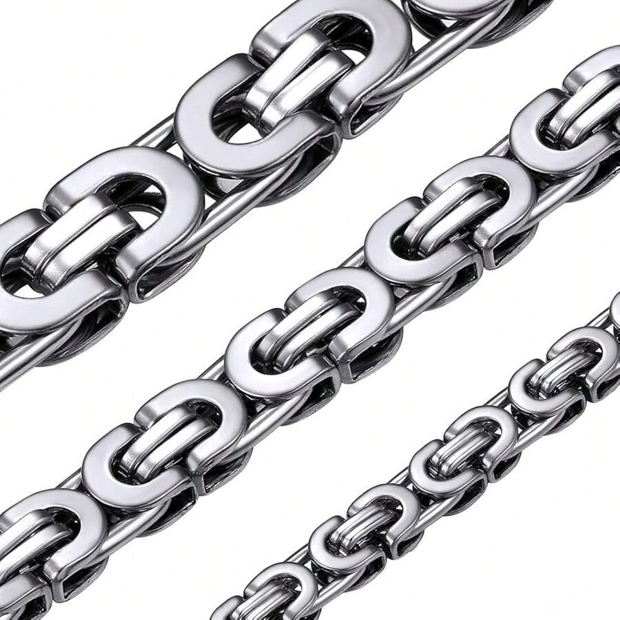 ChainsHouse Flat Byzantine Link Necklace For Men 6mm/8mm/10mm Width, 18K Gold Plated/Stainless Steel Black Byzantine Chain Necklaces, 18inch 20inch 22inch 24inch 26inch 28inch 30inch Length, With Gift Box - 鋼材-10毫米 - 查看 1
