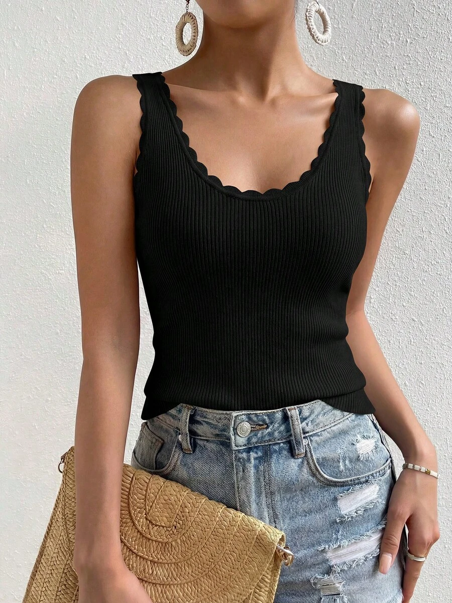 Womens Summer Sleeveless Tank Tops V Neck Ruffle Lightweight Ribbed Knit Shirt Casual Going Out Top - màu đen - Xem 1