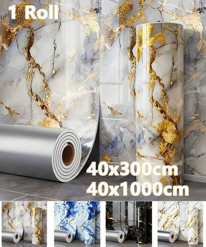 Brodark 1 Roll 40*300/1000cm Self-Adhesive Glossy Luxury Gold-Plated Marble Tile Wallpaper, Foam Removable Marble Wall Sticker - Waterproof, Moisture-Proof, Easy To Peel And Stick, Suitable For Home Renovation, Kitchen, Bathroom, Accent Wall, Office, Store Decoration, No Residue Left, Precise Seamless Edges, Bathroom Waterproof Wallpaper, Easy Installation, Home Decor Material