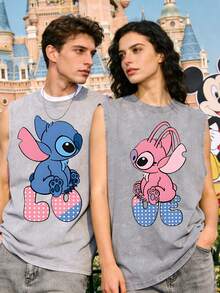 Disney Stitch & Angel LOVE Couple Set 230GSM Vintage Washed Streetwear Tank Top, Casual Couple Tank Top - 灰色 - 查看 1