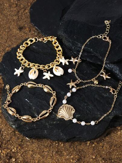 Opalesca 4pcs/Set Bohemian Shell, Starfish & Imitated Pearl Decor Multi-Layered Bracelet Set, Suitable For Women Beach Holiday Wear, Summer Accessories