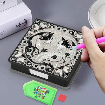 1pc DIY Diamond Art Small Cat Pattern, Asymmetrical Diamond Mosaic Painting On Black Faux Leather Self-Adhesive Memo Pad Box With 160 Sheets, Ideal For Home, Office And School Supplies, Craft, Cute Stationery, Holiday Gift