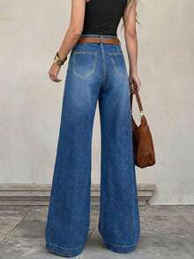 Women's Straight Leg Jeans, Wide Leg Casual Denim Pants, Solid Color, Button Closure, Suitable For Home, Holiday, Date, Spring - Blue - View 4