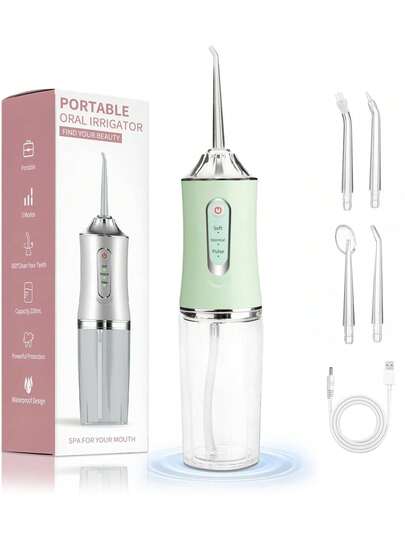 Irrigador Bucal Portátil Recargable, 3 Modos y 4 Boquillas Especializadas, con Boquilla Giratoria a 360°. Limpieza Profunda, IPX7 Impermeable, Para Viajes, Familia y Uso con Brackets