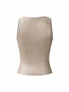 Vuslat 新款闪亮夏季派对沙滩街头休闲女式背心，纯色性感 Y2K 涂层亮片无袖露脐上衣，适合音乐节、通勤、办公室、日常穿着、派对、下午茶等场合。 - 金色 - 查看 7