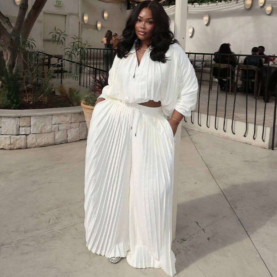 European And American-Border Women's Clothing 2026 Spring New Fashion Casual Loose Solid Color Pleated Top And Wide-Leg Pants Set - 白色 - 查看 1