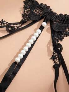 Fashionable Lace Embroidered Sexy Women's Panties, Low Waist G-String With Faux Pearl Massage Open Crotch Design, Lingerie For Valentine's Day For Going Out - Black - View 7