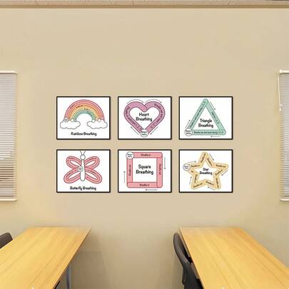 [2D Flat No Frame]6pcs/Set Frameless Classroom Breathing Posters, Relaxation Corner Posters, Mindfulness Relax Office Decorations, Cool Corner Wall Art, Emotion Charts, 8x10 Inches - Including Squares, Rainbows, Stars, Butterflies, Hearts, Triangles