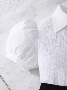 Set de 2 piezas: Blusa elegante con mangas abullonadas y botones de perla, y shorts casuales para adolescentes y niñas - Negro - Ver 5