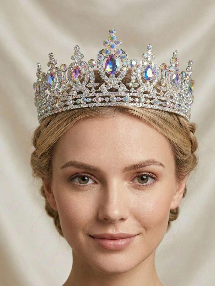 1PC Luxurious Gold AB Crystal Queen Crown, Sparking Rhinestone Pageant Tiara For Women, Elegant Birthday Party Hair Jewelry, Exquisite Prom Wedding Headpiece