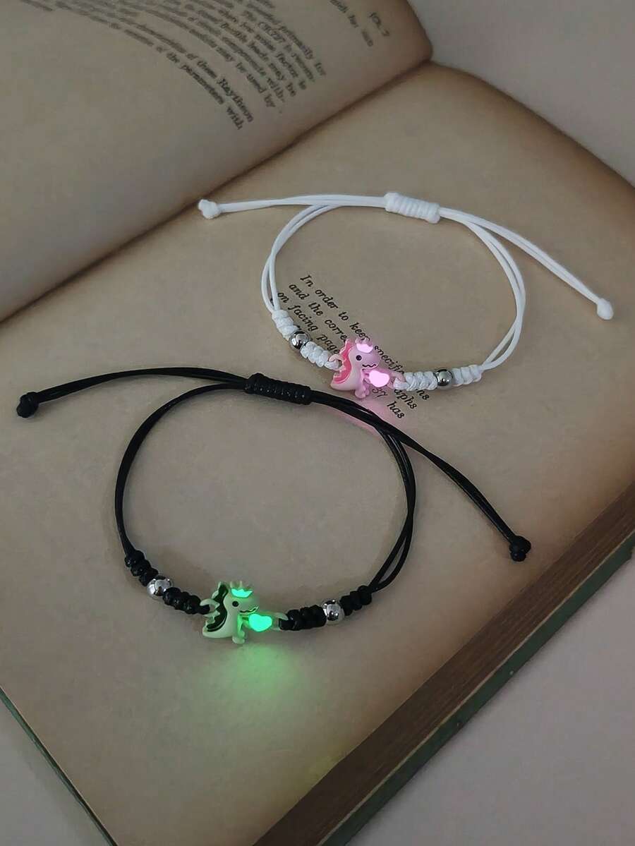 ATLVXJL 2件套夜光情侣/友情饰品套装:粉色和绿色夜光爱心皇冠、恐龙头饰、打结串珠手链,适合日常佩戴和情人节礼物 - 彩色 - 查看 1