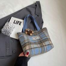 Elegant Versatile Large Capacity Commuter Plaid Tote Bag, Woolen Plaid One Shoulder Tote Bag - Multicolor - View 6