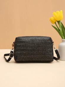 夏季草编斜挎包，女士沙滩单肩包，配有可拆卸肩带、拉链封口、小巧百搭设计、休闲外出手提包、尼龙内衬、女士钱包 - 黑色 - 查看 2