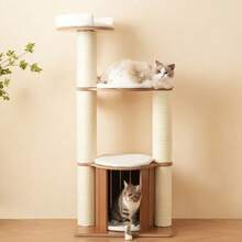 135cm Cat Tree, Oversized Trunk - Sturdy Climbing Tree, Three-Level Platform, 1 Cat Litter Box, 12cm Thickened Trunk, Removable Cushion And Spill Protection, Waterproof And Moisture Resistant - 白色 - 查看 4