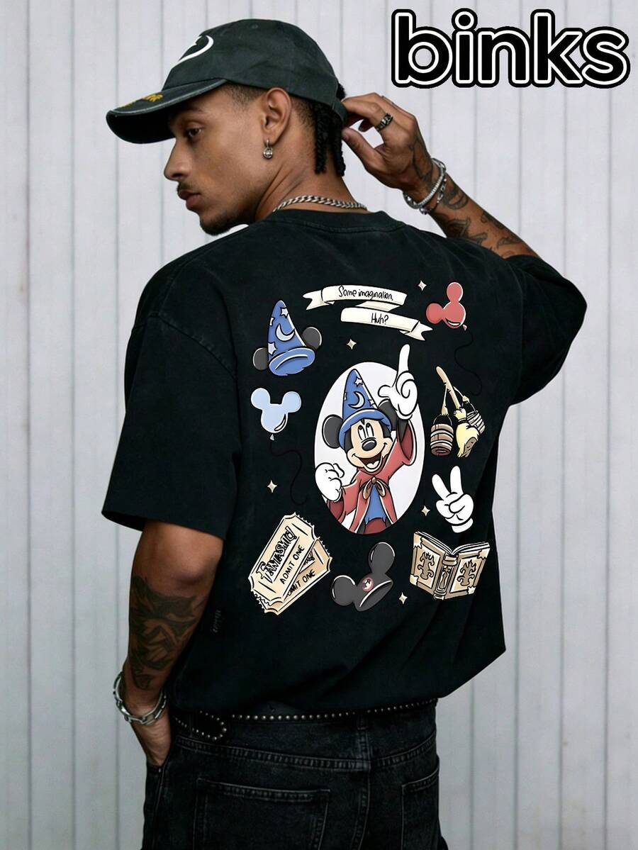 Disney Mickey Mouse Magician Pattern Print, Cartoon Elements Fashionable Loose Short Sleeved Street Style T-Shirt, Spring And Summer Fashionable Versatile Top - màu đen - Xem 1