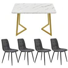 Rectangular Dining Table And Chairs Set Of 117 Cm With 4 Chairs, Modern Style, Dark Grey Linen Chairs, Gold Table Legs. - Dark Grey - View 2