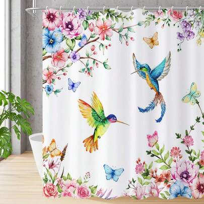 1件装蜂鸟图案浴帘，色彩缤纷的蜂鸟水彩花卉蝴蝶植物浴室浴帘装饰，适用于浴室浴缸隔断、浴室配件、浴室浴帘装饰
